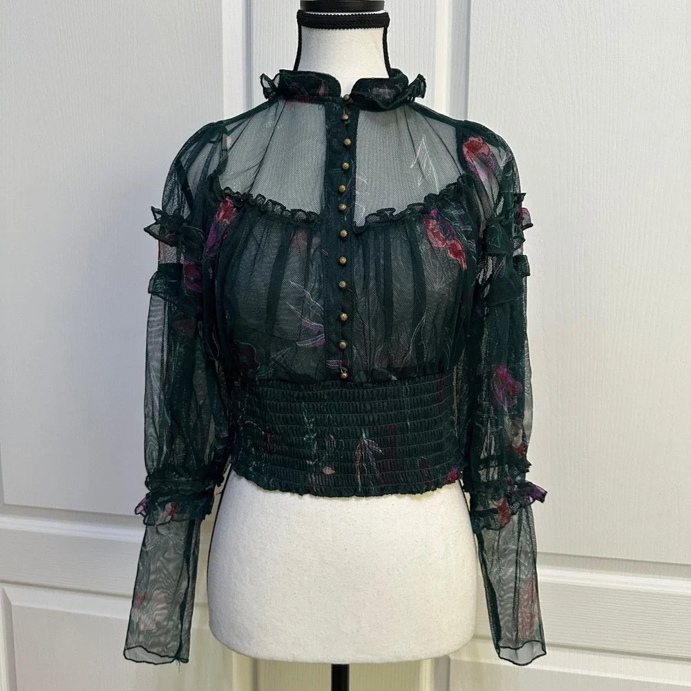 Free People Green Floral Sheer Mesh Smocked Blouse S Whimsigoth Victorian Fairy